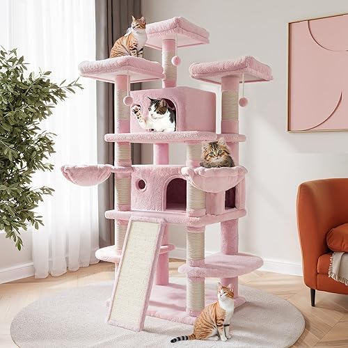 SHA CERLIN 68 Inches Multi-Level Large Cat Tree for Large Kitties/Big Cat Tower with Condo/Cozy Plush ‌Pussycat Perches/Sisal Scratching Posts and Hammocks/Activity Center/Pink - Pink