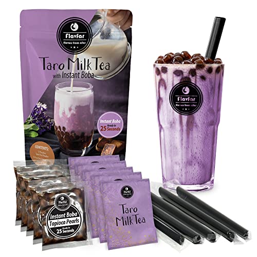 Flavfar Taro Milk Tea with Instant Tapioca Pearls - Authentic Taro Milk Bubble Tea Kit & Low Calorie, Brown Sugar Boba - Made in Taiwan - 5 Pack - Taro