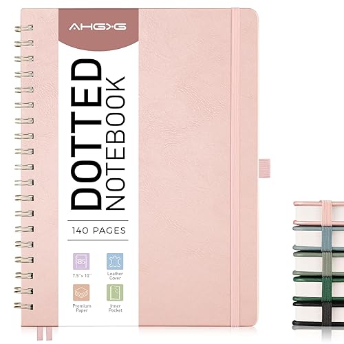 AHGXG Bullet Dotted Journal, Large B5 Spiral Notebook Dotted Notebook 140 Pages, Leather Hardcover, 100 GSM Thick Dot Grid Paper, Inner Pocket, for Bullet Journaling, 7.6" x 10", Rose Gold - B5-Dotted - Rose Gold