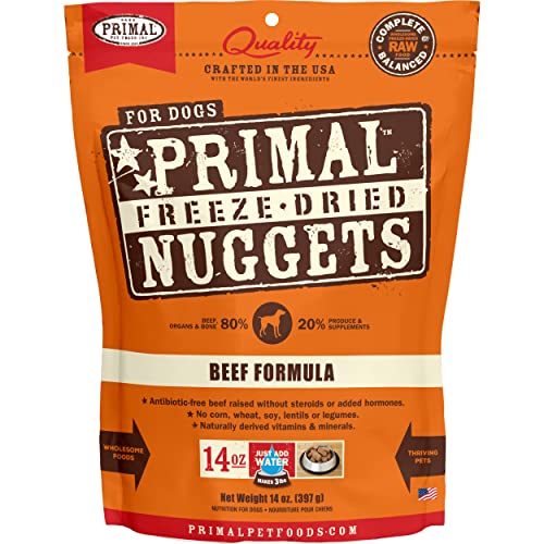 Primal Freeze Dried Nuggets for Dogs Beef, Complete Meal Freeze Dried Dog Food Healthy Grain Free Raw Dog Food, Crafted in The USA (14 oz) - 14 Ounce (Pack of 1)