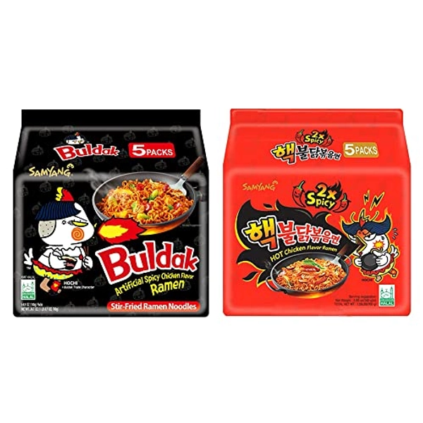 Samyang Buldak Hot Spicy Chicken Ramen Noodle Korean Stir-Fried Ramen, Original & 2X Spicy Flavor, 4.94 OZ(140g), 5 Pack for Each Flavor - Original / 2X Spicy - Pack of 10