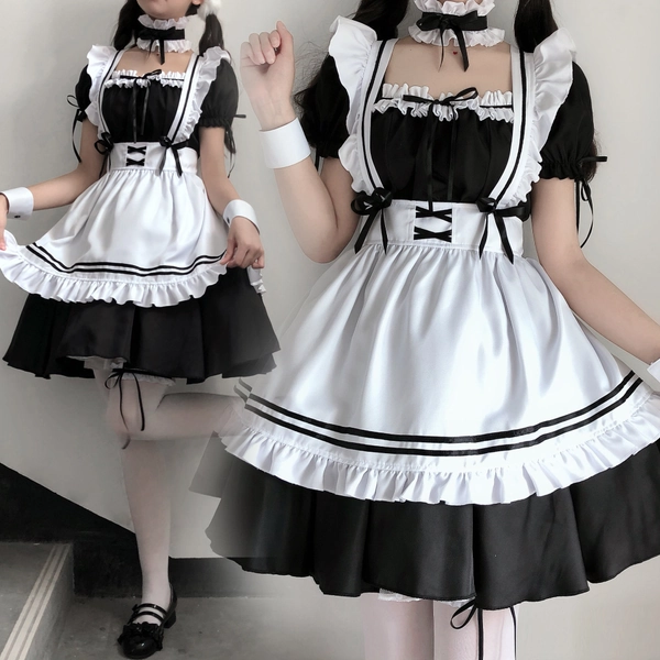 Maid outfit Sweet Dress Cosplay Maid Costume Short Sleeve Dress, Cute Ruffle Sweet Girl Dress