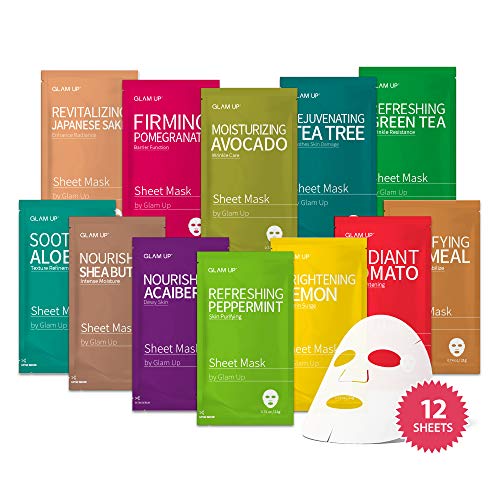 GLAM UP Sheet mask Facial Sheet Mask 12 Combo (Pack of 12) | Face Masks Skincare, Hydrating Face Masks, Moisturizing, Brightening and Soothing, Beauty Mask For All Skin Type - 12 Piece Set