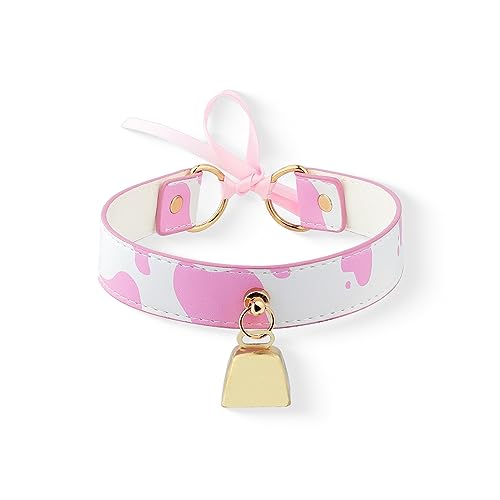 paloli Basic Cow Print Bell Collar Choker Necklace for women - Pink - Gold Bell