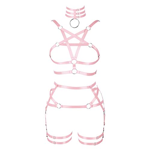 Women's Body Harness Pentagram Bra Garter Belt Set Punk Gothic Carnival Halloween Elastic Adjustable Dance Costume - Pink