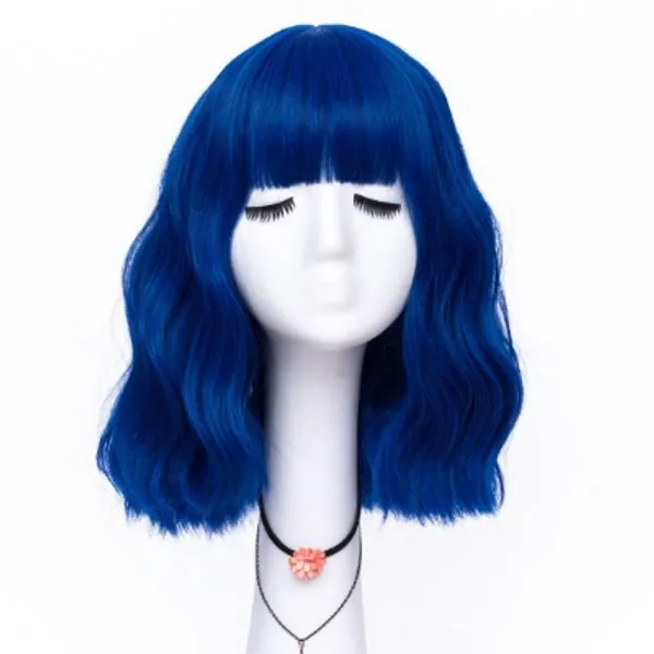 Labeauté Short Bob Wavy Wig with Air Bangs for Women, Heat Resistance Shoulder Length Curled Wigs for Daily Use, Cosplay and Theme Parties- 14inch, Royal Blue
