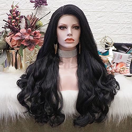 IMSTYLE 26 Inches Black Lace Front Wig Natural Long Wavy Synthetic Hair Wig for Cosplay Party Halloween (black) - black