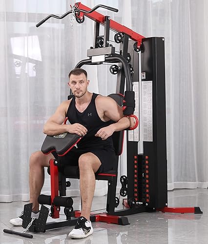 Fitvids Multifunctional Home Gym System Workout Station with Leg Extension and Preacher Curl, 122.5LB Weight Stack, Multiple Options, Multiple Packages - Black/Red - Full Set: Model 750