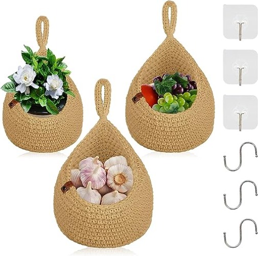 Fruit Basket Hanging Wall Basket Teardrop Hanging Storage Baskets Hand Woven Cotton Wall Hanging Basket Vegetable Basket Hanging Fruit Basket for kitchen Storage Vegetable Storage (brown)