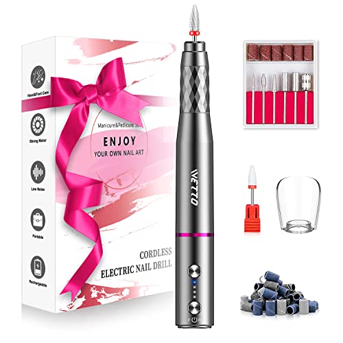 Professional Electric Nail Drill, Cordless Nail Drill Machine with Ceramic Nail Bit for Acrylic, Gel Nails, Manicure Pedicure Polishing Shape Tools Design for Home Salon Use(Grey) - Grey