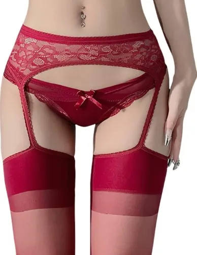 Red lace garter thigh high tights