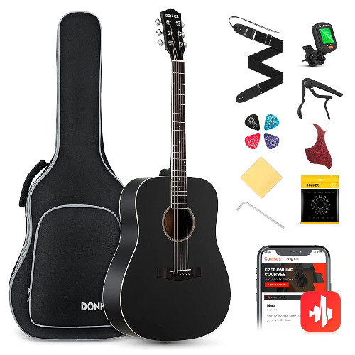 Donner Acoustic Guitar Full Size Guitar 4/4 Dreadnought 41 inch Guitar Kit for Beginner with Gig Bag Capo Picks Tuner Strap Strings (Black)