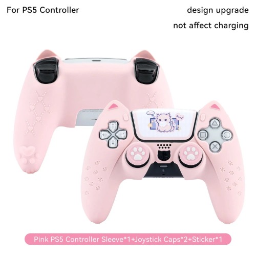 Cute Kawaii Pink Cat PS5 Silicone Controller Shell Cover Case with Thumb Grips - For PS5 pink