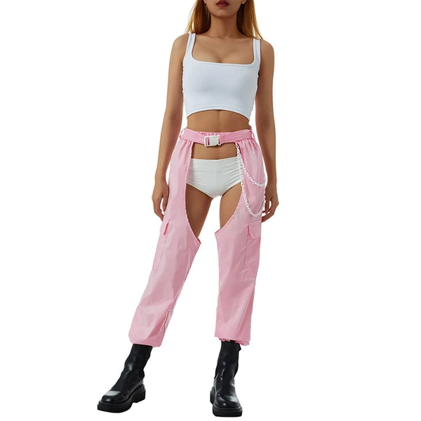 Women's Rave Chaps Cutout High Waist Buckle Chain Hollow Pants Festival Trousers Streetwear - Medium - Light Pink