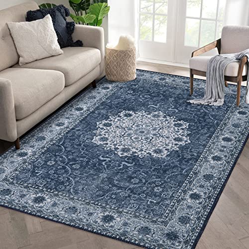 ROYHOME Oriental Area Rug 4x6 Machine Washable Rug Vintage Non Slip Floor Cover Retro Accent Rug Persian Area Rug Distressed Carpet for Living Room Bedroom Kitchen, 4' x 6' Blue - 4 x 6 Feet - Blue