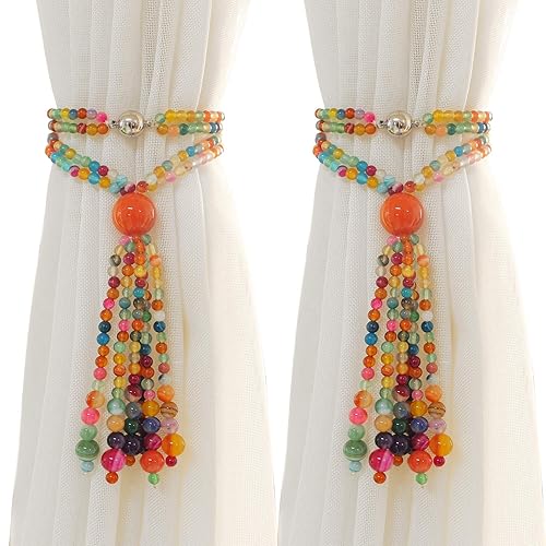 Magnetic Curtain Tiebacks, 2 Pack Colorful Agate Tassel Curtain Drapery Holdbacks, Boho Curtain Ties for Home Office Decorative