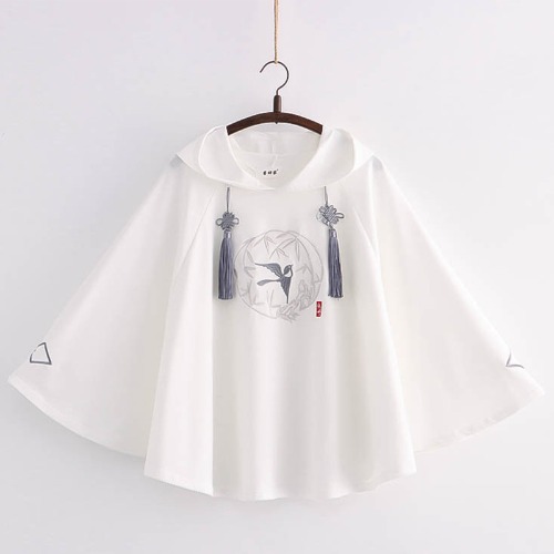 Vintage Bird Embroidery Knot Tassel Decor Hooded Cloak