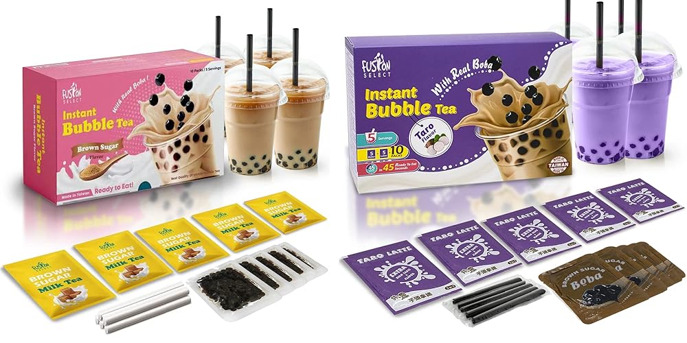 Fusion Select Authentic Brown Sugar Bubble Tea Kit Extra Rich (5 Packs) Bubble Tea Drink, Boba Tapioca Pearl, Straws, Most Popular Bubble Tea Flavors (Taro Bubble Tea & Royal Black Tea, Mix Pack) - Taro Bubble Tea & Royal Black Tea