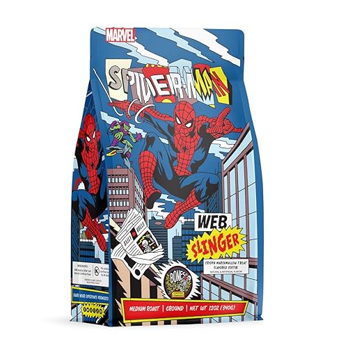 Bones Coffee Company Spiderman Web Slinger Flavored Coffee Beans, Medium Roast Ground Coffee Low Acid, Crispy Marshmallow Treat Flavor(12 oz) - Crispy Marshmallow Treat (Ground)