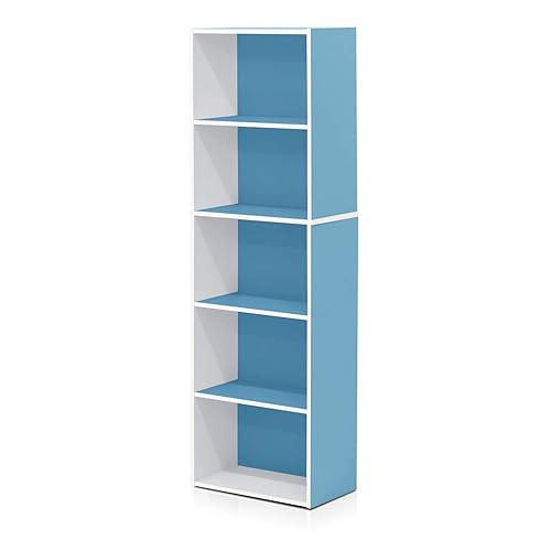 Furinno Luder Bookcase / Book / Storage , 5-Tier, White / Light Blue - White/Light Blue - 5-Tier