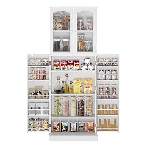 Function Home 64” Kitchen Pantry Cabinet, Freestanding Tall Cupboard with Glass Doors & Shelves, Floor Storage Cabinet for Kitchen, Living Room and Dinning Room in White - 12"D x 23.62"W x 63.58"H - White