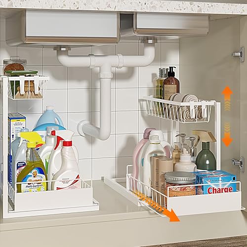 REALINN Under Sink Organizer, Height Adjustable Pull Out Cabinet Organizer, 2 Tier Under Sink Organizers and Storage for Kitchen Bathroom Laundry, White, 2 Pack - White