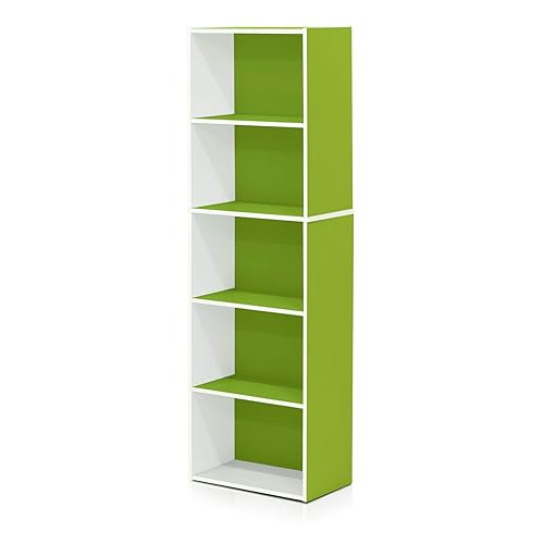 Furinno Luder Bookcase / Book / Storage , 5-Tier, White/Green - White/Green - 5-Tier
