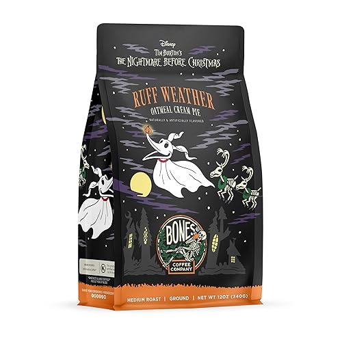 Bones Coffee Company The Nightmare Before Christmas Ruff Weather Flavored Coffee Beans, Medium Roast Ground Coffee Low Acid, Oatmeal Creampie Flavor (12 oz) - Oatmeal Cream Pie (Ground)