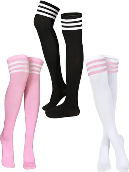 SATINIOR 3 Pairs Knee High Socks Thigh High Socks Triple Stripe over the Knee Socks Long Opaque Thigh High Stockings - One Size - Black, White, Pink