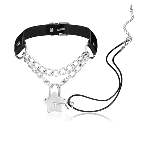 MILAKOO PU Leather Punk Choker Necklaces Circle/Heart Charm Adjustable Necklace for Women - C3-Black Leather - c-lock & key