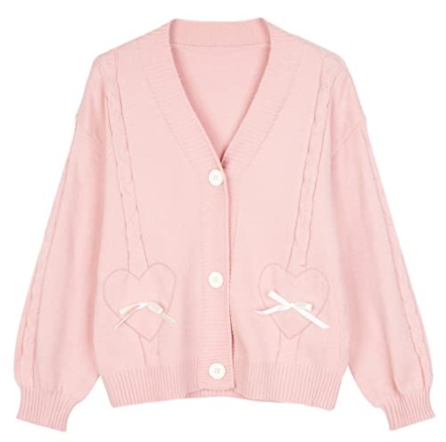 Women Kawaii Sweater Cardigan with Cute Bowknot and Heart S-2XL - XX-Large - Pink