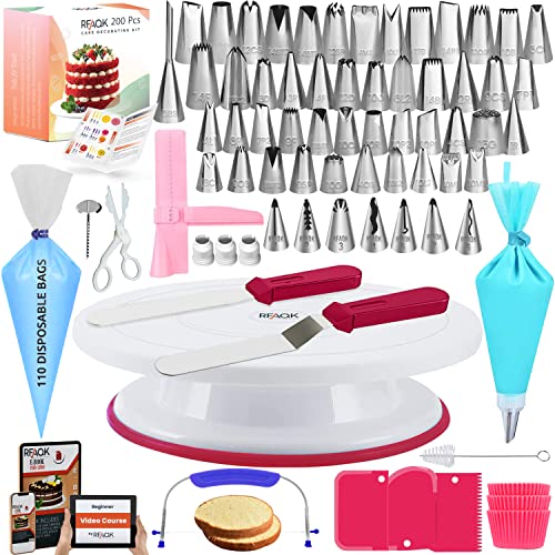 RFAQK Cake Decorating Kit | 200 PCs Set with Cake Turntable-48 Numbered Easy to use Icing Tips-7 Korean Tips with Pattern Chart & E.Book-Straight & Offset Spatula-Cake Leveler & Other Baking Supplies - 200 PCs