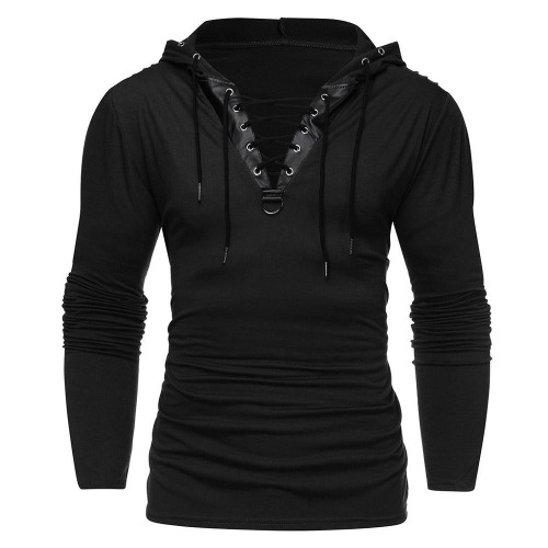 'Dexter' Black Goth Mens V-Neck Hooded Top - black / XL