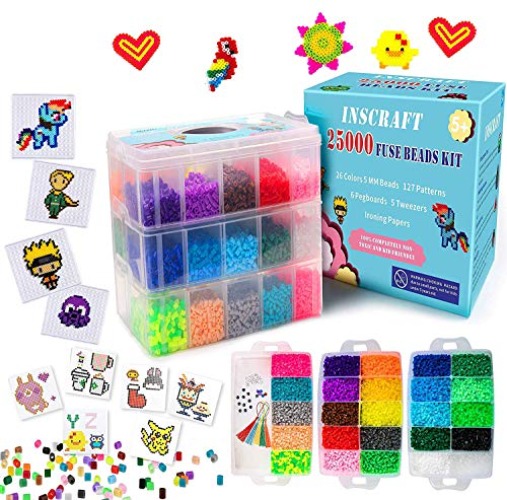25,000 pcs Fuse Beads Kit 26 Colors 5MM, Including 127 Patterns, 4 Big Square, 1 Heart Pegboards, 1 Flower Ironing Paper, Tweezers, Beads Compatible by INSCRAFT