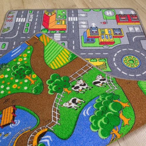 Children's Double Sided Play Village Farm Mat Town City Car Roads Rug