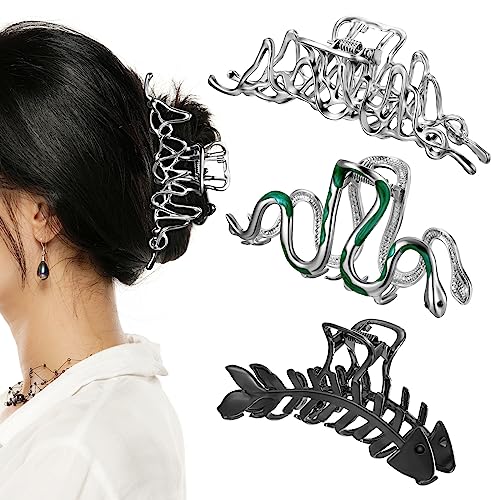 Yunlly 3 Pcs Hair Claw Clips Fish Bone Shape Big Metal Hair Claws Geometric Design Silver Hair Clips Snake Large Hair Clip Gothic Hair Accessories Styling Jaw Hair Clamps for Thick Hair Women Girls
