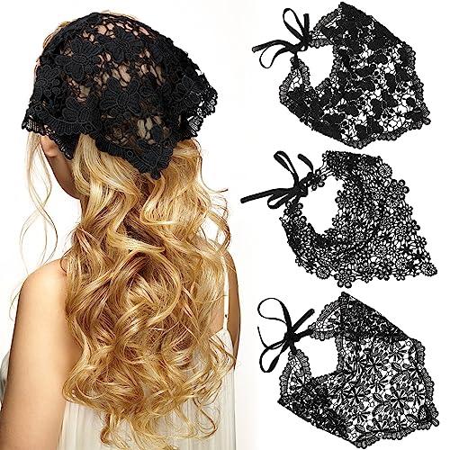 WELROG 3 PCS Hair Scarf, Hair Bandanas Chiffon Head Kerchief, Vintage Knitted Headband for Women, Headwrap for Girls - Black