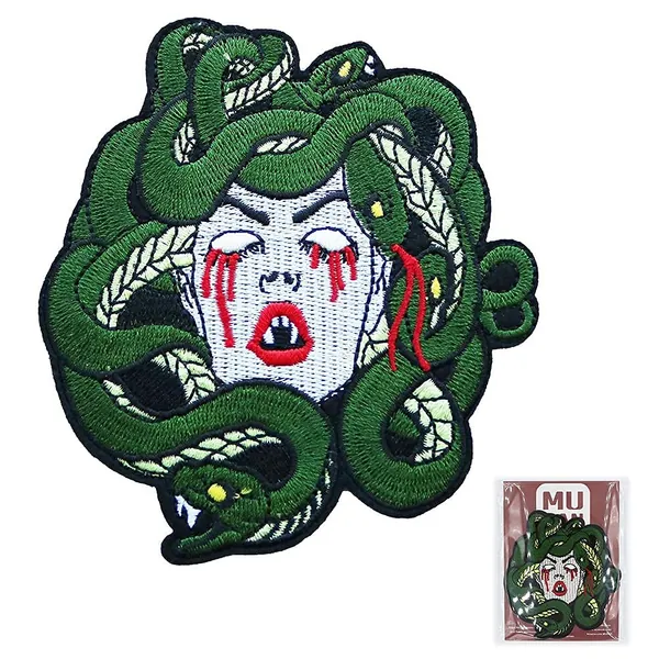 Sad Bleeding Medusa Patch Cool Punk Goth Iron On Patch Sewing Anime Embroidered Patch Badge Applique for Clothes Jacket Jeans Cap Bag - 