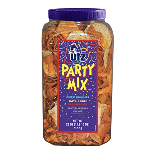 Utz Party Mix - 26 Ounce Barrel - Tasty Snack Mix Includes Corn/Nacho Tortillas, Pretzels, BBQ Corn Chips and Cheese Curls, Easy and Quick Party Snacks, Cholesterol Free and Trans-Fat Free - Party Mix - 26 Ounce