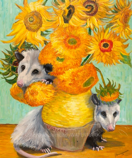 Print : Sunflower Yellow Flower  Vincent Van Gogh Famous Painting Possum Wildlife Art, Rehab Animal, Woodland Oil Paint Print
