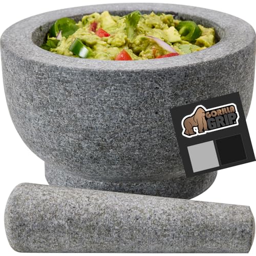 Gorilla Grip 100% Granite Slip Resistant Mortar and Pestle Set, Stone Guacamole Spice Grinder Bowls, Large Molcajete for Mexican Salsa Avocado Taco Mix Bowl, Kitchen Cooking Accessories, 2 Cups, Gray - 2 Cup - Unpolished Gray
