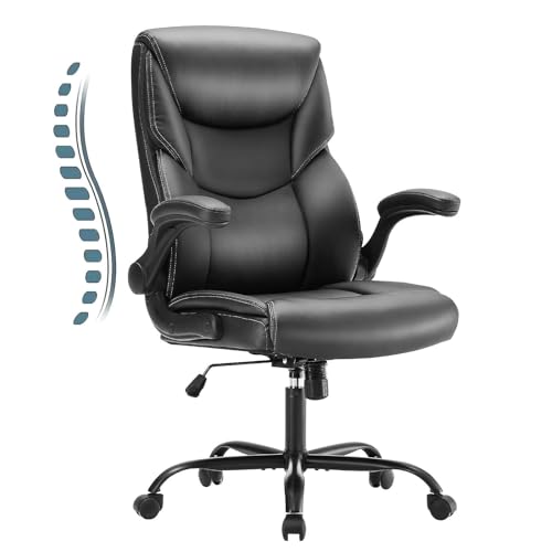 Sweetcrispy Office Chair - Black | PU Leather | Ergonomic, Heavy Duty, Adjustable, Swivel, Rolling | Flip-up Arms - Black - Flip Armrests