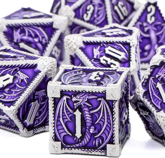 KERWELLSI DND Metal Dice Set, Violet RPG Role Playing D&D Dice Set with Cool Box, MTG Polyhedral Dice Set D20 D12 D10 D8 D6 D4 Large Dungeons and Dragons Dice for Board Game, Pathfinder - Purple