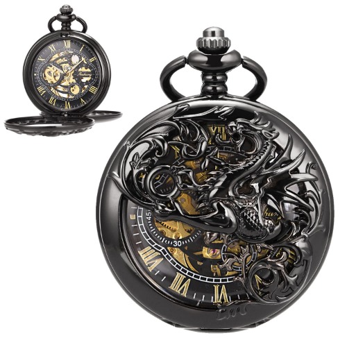 ManChDa Mens Antique Skeleton Mechanical Pocket Watch Dragon Hollow Hunter with Chain and Box - 3.Black case with gold dial