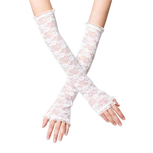LassZone Half Fingerless Floral Lace Gloves Ladies Fancy Long Elbow Opera Silk Hand Sleeves Girls Sunscreen Armband Sleeve Gloves Ideal for Halloween Parties Wedding Etiquette Driving Riding - Long White