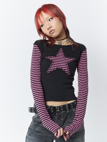 Lost Star Pink Black Striped Long Sleeve Top | S / Pink