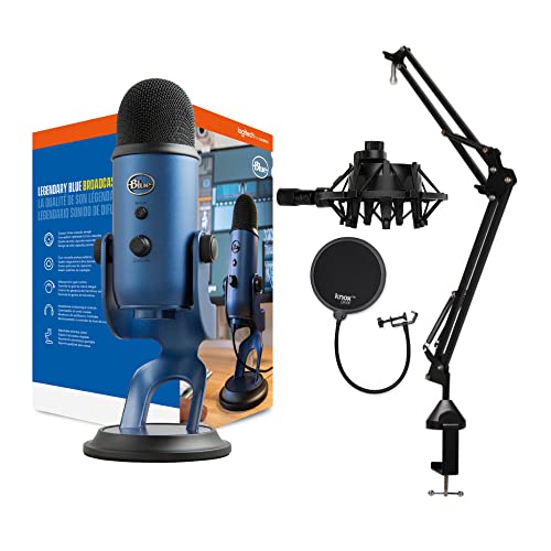 Blue Microphones Yeti USB Microphone (Midnight Blue) with Desktop Boom Arm Microphone Stand, Knox Gear Shock Mount for Blue Yeti and Yeti Pro Microphones and Pop Filter (2-Pack) Bundle (5 Items) - Midnight Blue