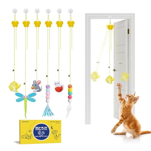 Potaroma Interactive Cat Feather Toys 6 Pcs, Cat Teaser Retractable, Hanging Cat Toys Indoor Kitten Play Chase Exercise, Mental Physical Stimulation for All Breeds and Species - Max Extended Length 78 inches