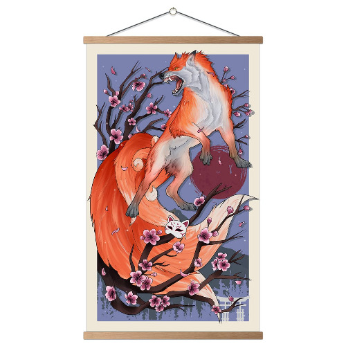 Japanese Wall Art Vintage Sakura & Fox Poster