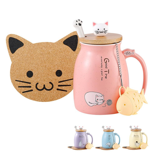 Cat Mug Cute Ceramic Coffee Cup with Lovely Kitty Wooden lid Stainless Steel Spoon,Novelty Morning Cup Tea Milk Christmas Mug 380ML (Pink) - Pink